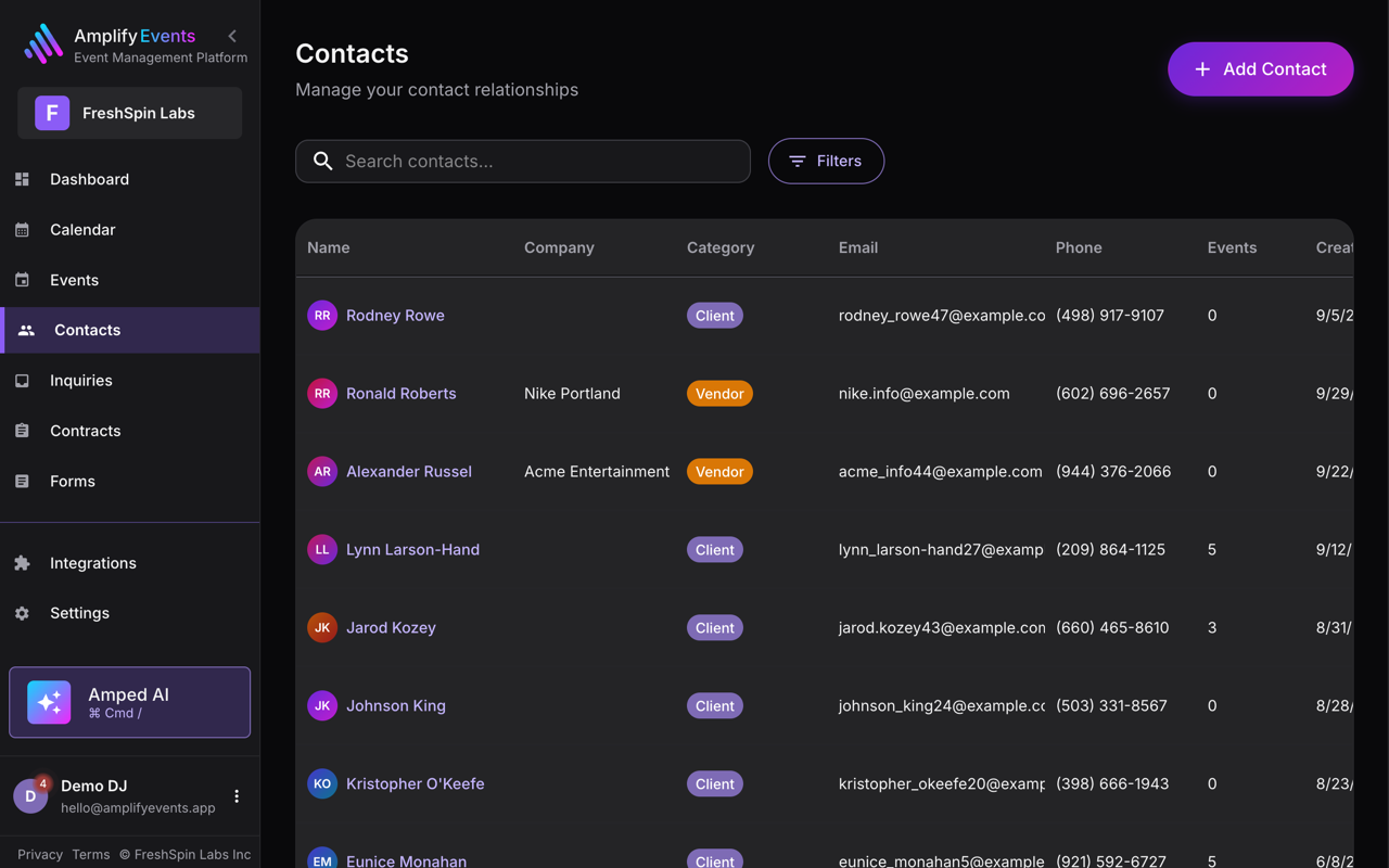Amplify contacts list with clients and vendors