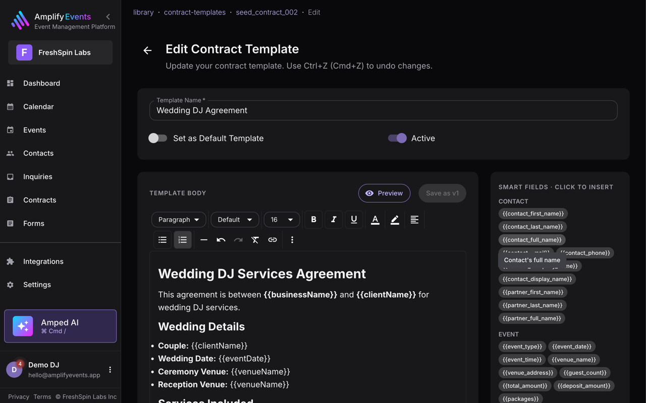 Amplify contract template with smart fields