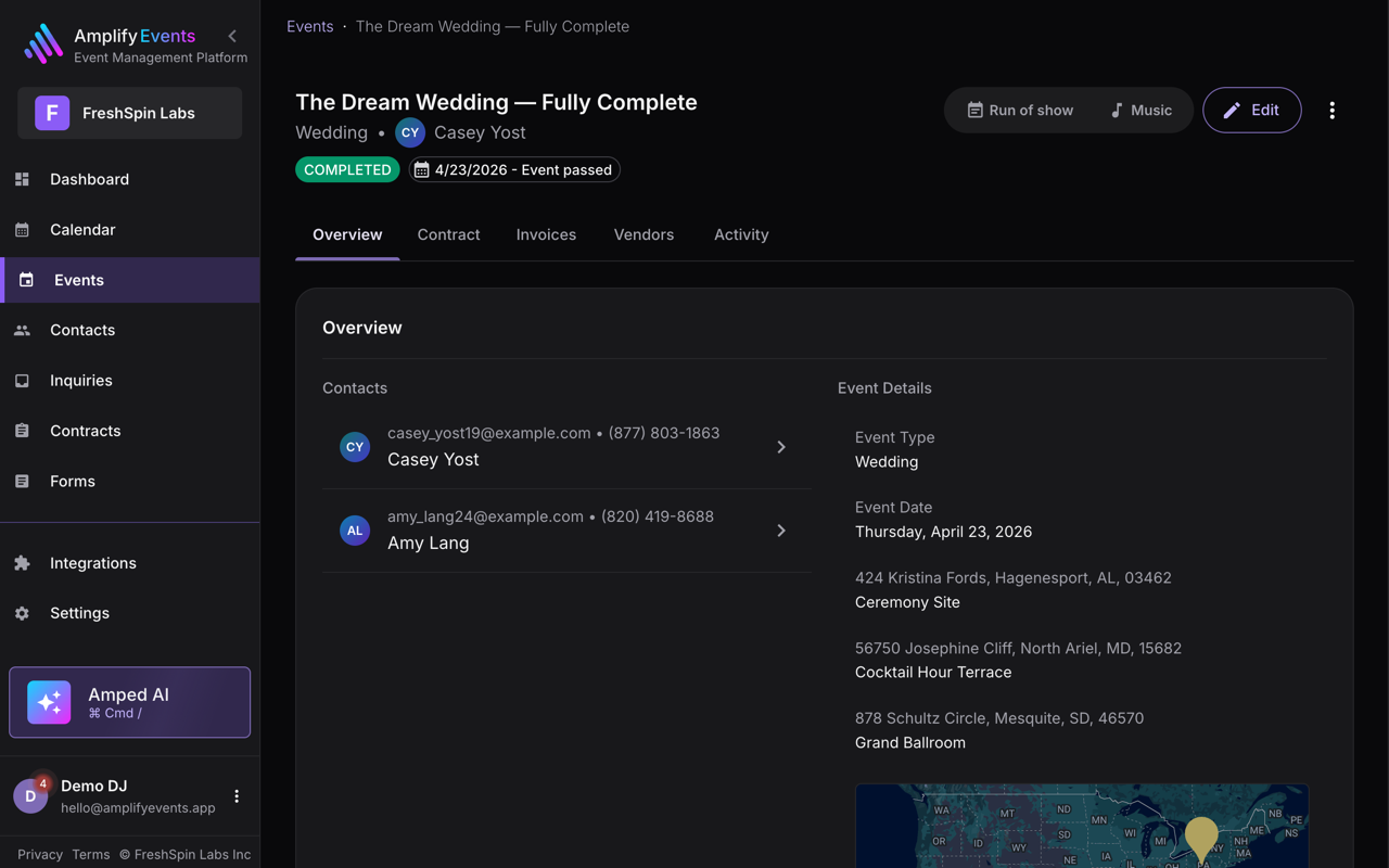 An Amplify event detail page with contacts, venues, and timeline