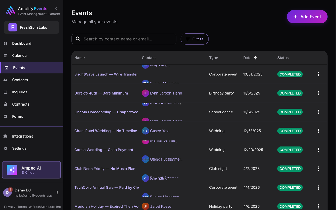 Amplify events list showing each booking and its status
