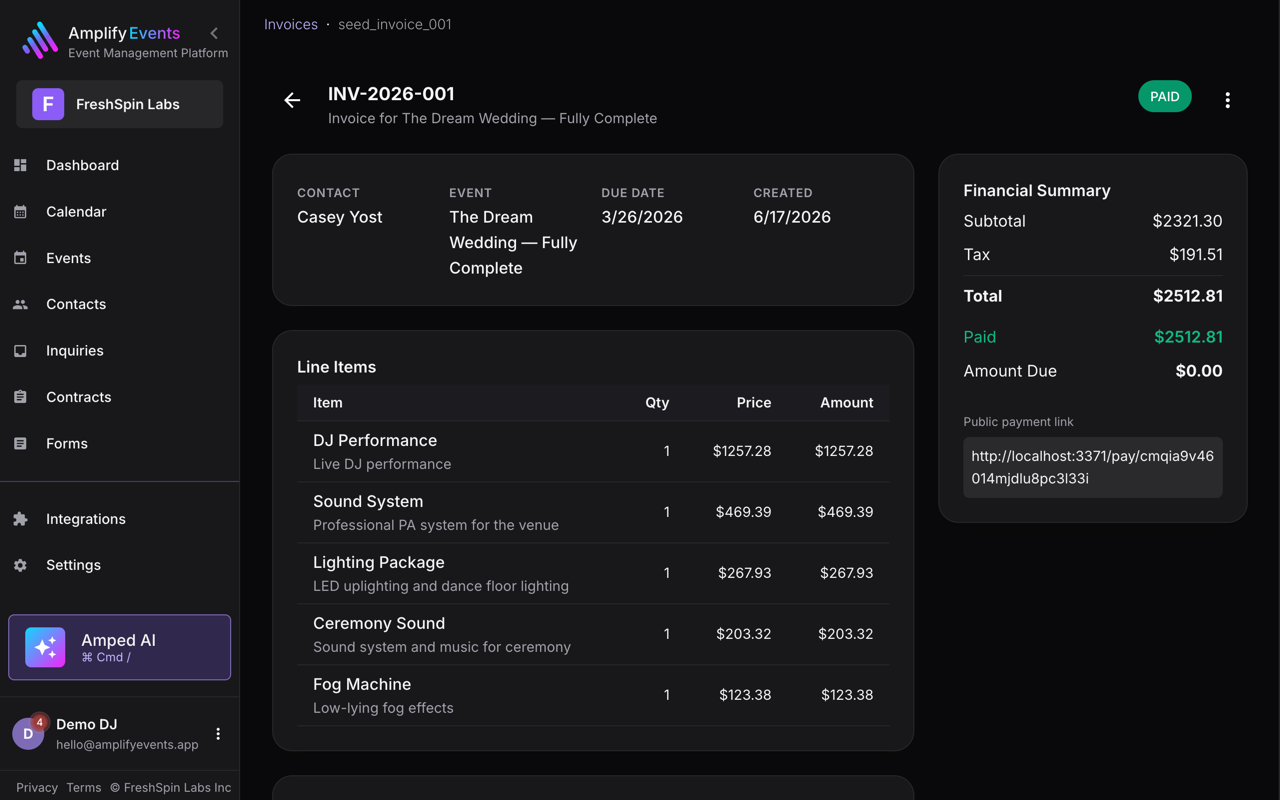 Amplify invoice with deposit and balance paid
