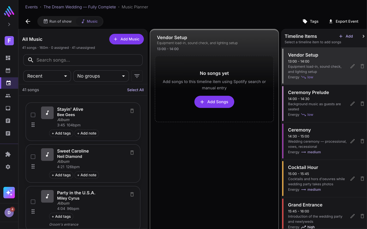 Amplify music planner with songs and energy curve