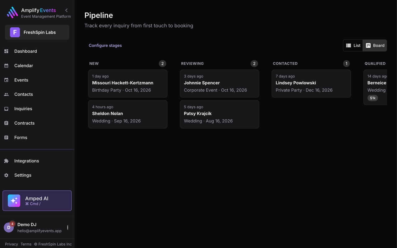Amplify booking pipeline of gig inquiries