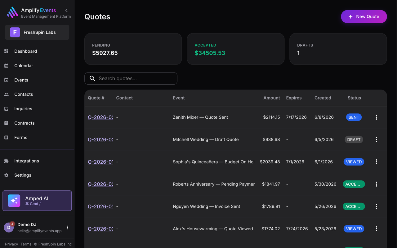 Amplify quote building a per-guest catering proposal from menu packages