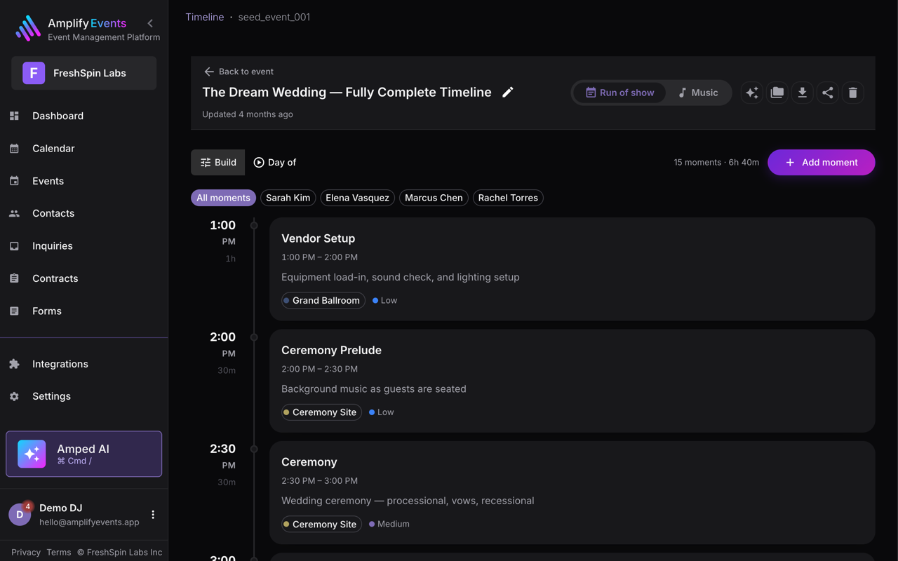 Amplify run-of-show timeline shared with the couple and vendors